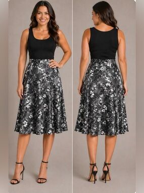Black & White Floral A-Line Midi Skirt